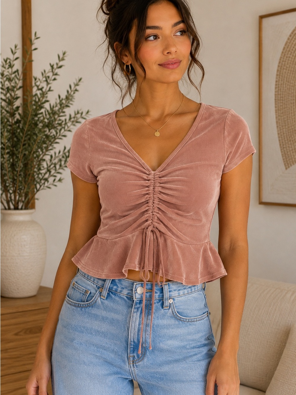 O’Delilah Dusty Rose Ruched Peplum Velvet Top | Size Large